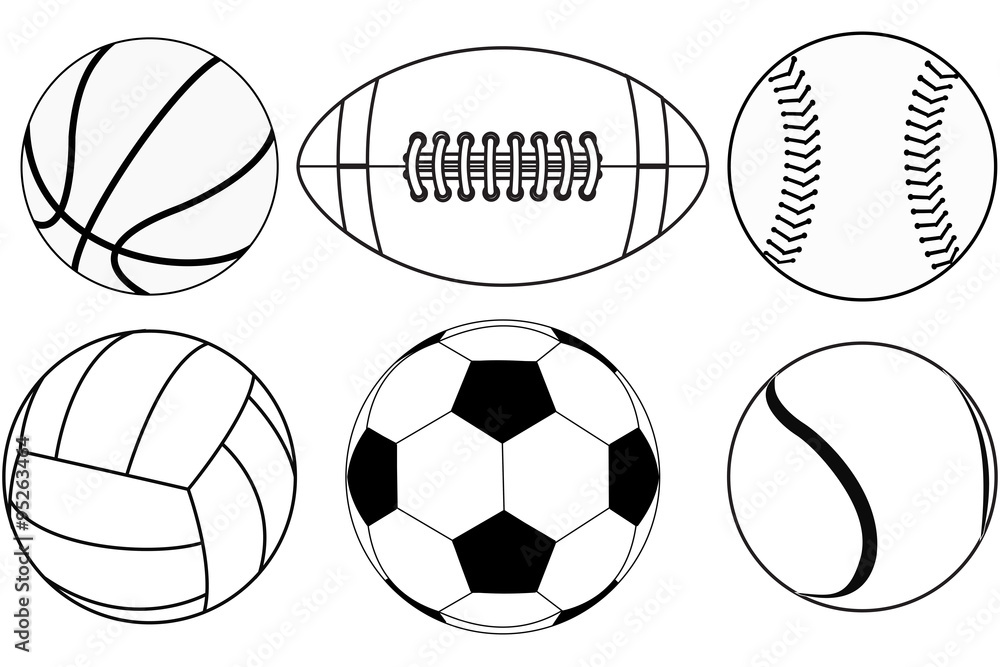 Basketball ball, Baseball ball, American football ball, Volleyball, Soccer ball, Tennis ball. Basketball ball, Baseball ball, American football ball, Volleyball, Soccer ball, Tennis ball.