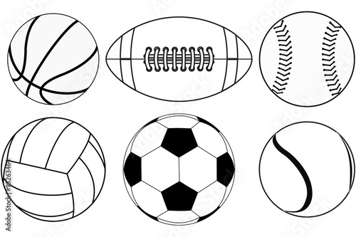 Basketball ball, Baseball ball, American football ball, Volleyball, Soccer ball, Tennis ball.