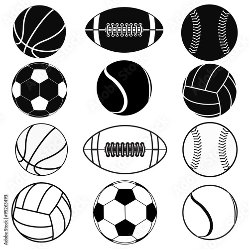 American football ball, Basketball ball, Baseball ball, Volleyball, Soccer ball, Tennis ball. 