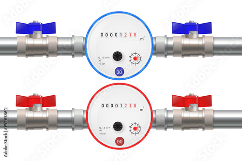 Steel Pipe with Water meter, Hot and Cold water counter and ball valve.