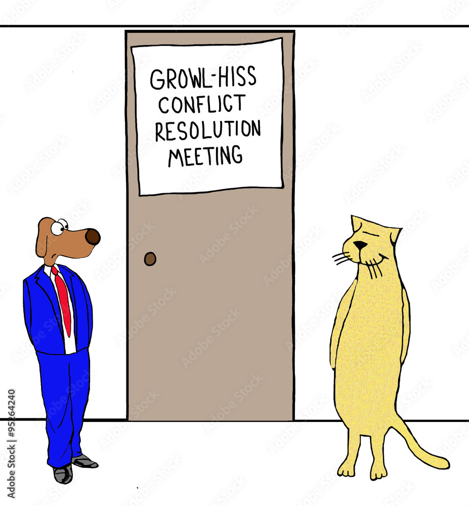 Business cartoon showing business dog and business cat about to enter  'Growl - Hiss Conflict Resolution Meeting'. Stock Illustration | Adobe Stock