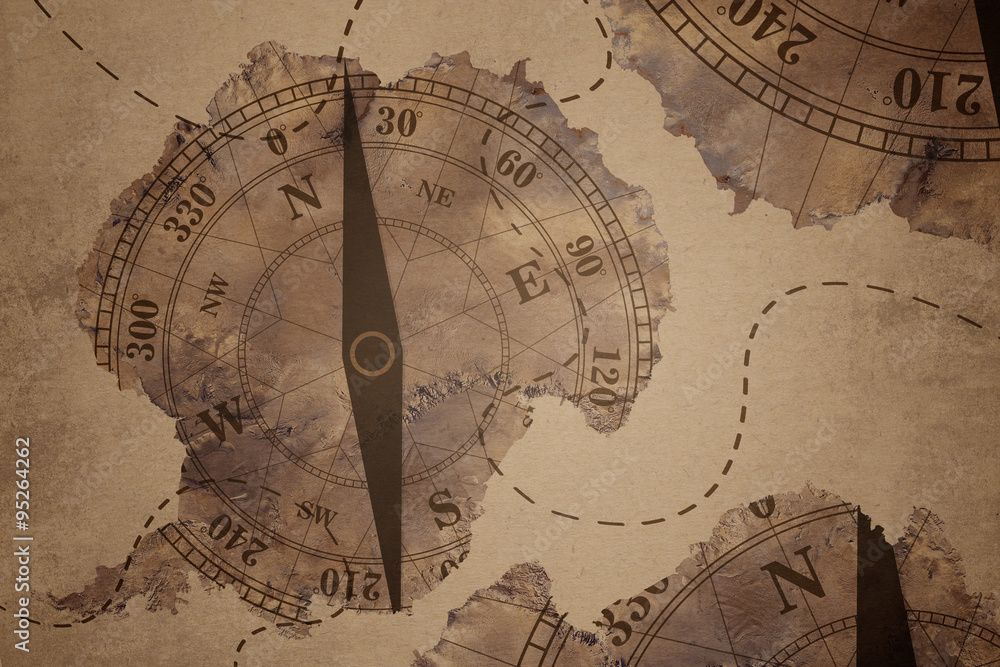 Antarctica map and Compass old paper Over White Background, Elements of