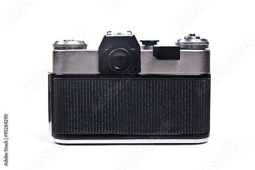Old range finder vintage photo camera on white background.