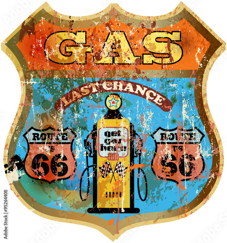 retro route 66 gas station tin-plate sign, retro style, vector illustration
