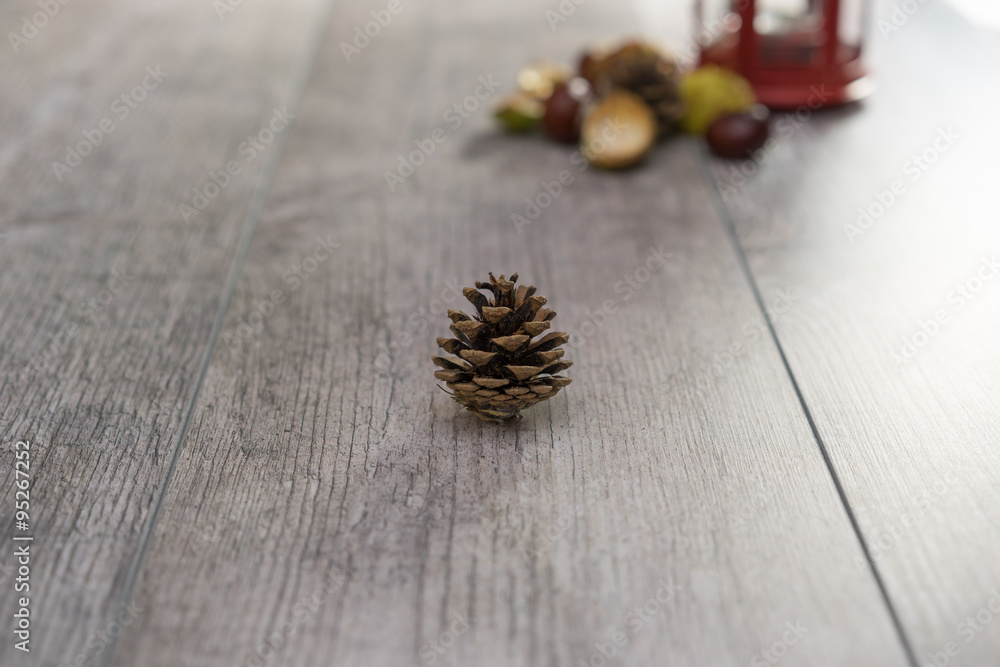 Pinecone with chestnuts and Red Lantern in the background Pinecone with chestnuts and Red Lantern in the background