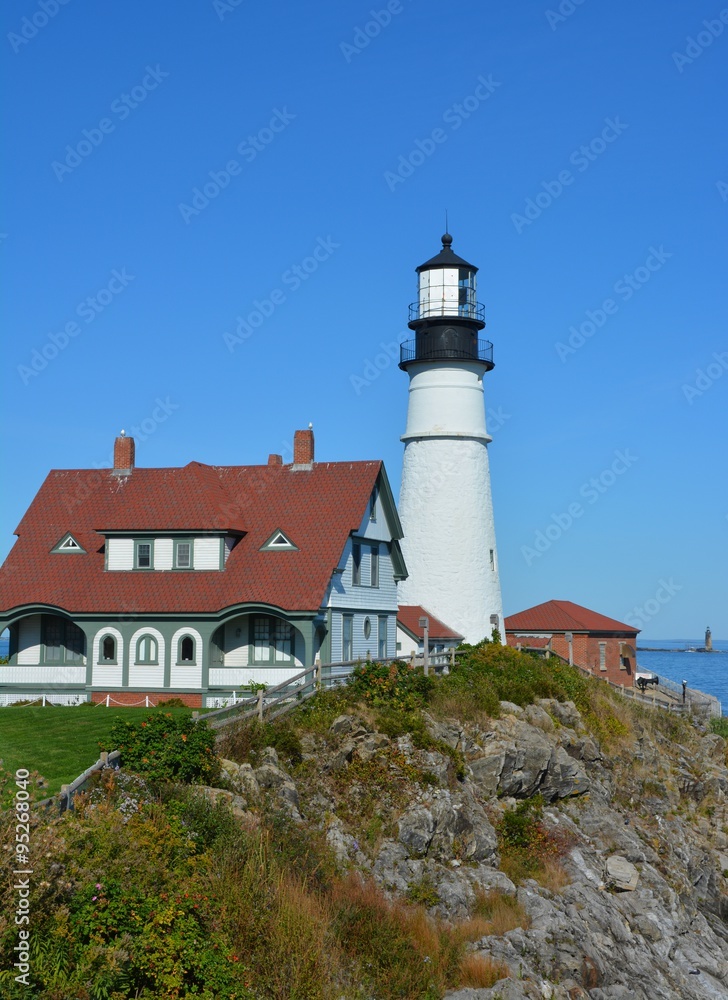 historic Portland Head lighthouse in Cape Elizabeth, Maine, overlooking the Casco Bay in the Gulf of Maine 