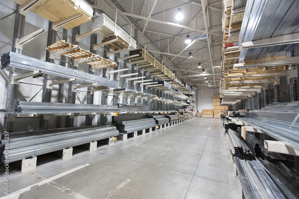 Fototapeta premium construction material warehouse, shelves with aluminum profiles