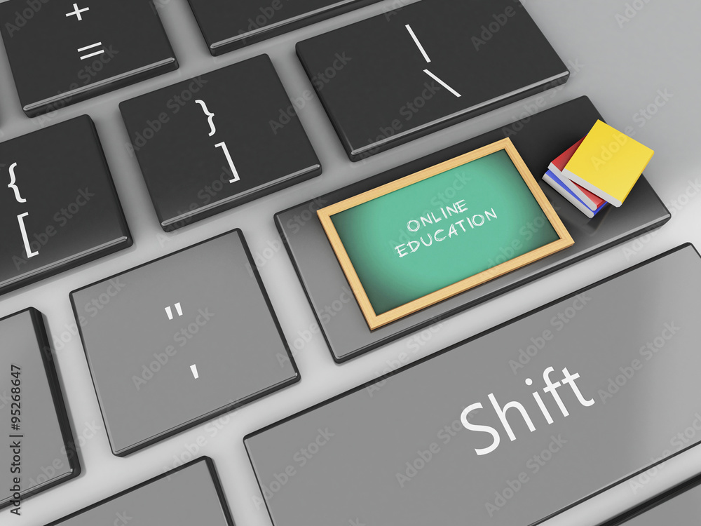 Fototapeta premium 3d Blackboard and books on computer keyboard.