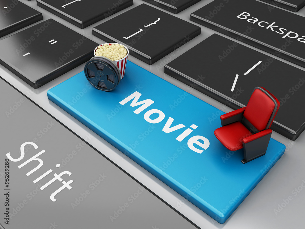 Fototapeta premium 3d Popcorn and film reel on computer keyboard.