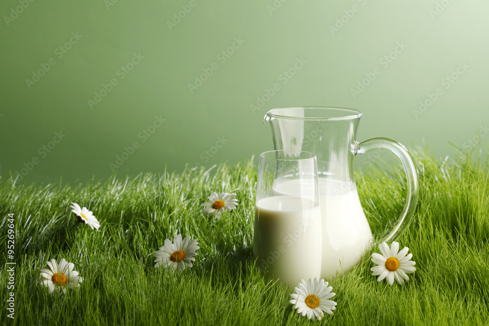 Milk in jar and glass on flower meadow - obrazy, fototapety, plakaty 
