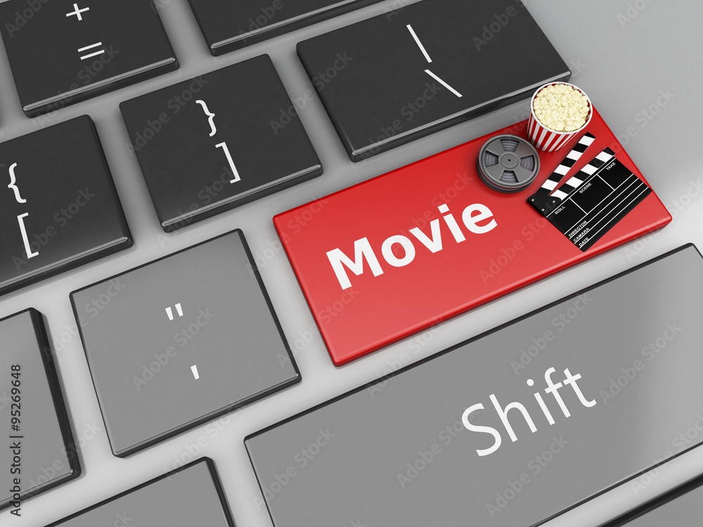 Naklejka premium 3d Cinema Clapper board, popcorn and Film reel on computer keybo