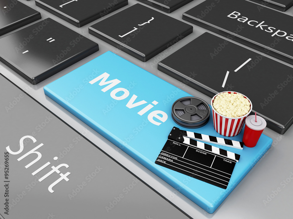 Fototapeta premium 3d Cinema Clapper board, popcorn and Film reel on computer keybo