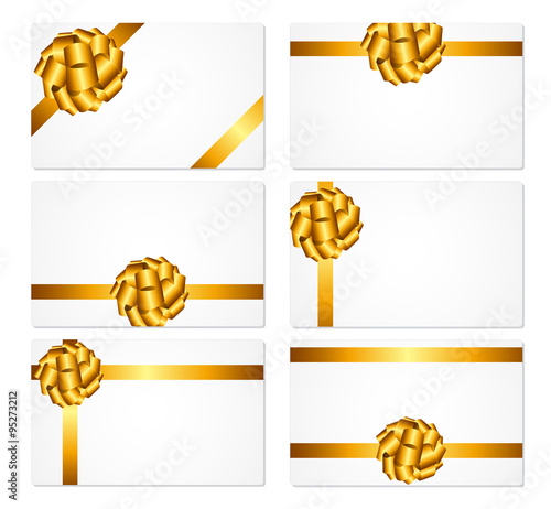 Gift Card with Gold Bow and Ribbon Set Vector Illustration