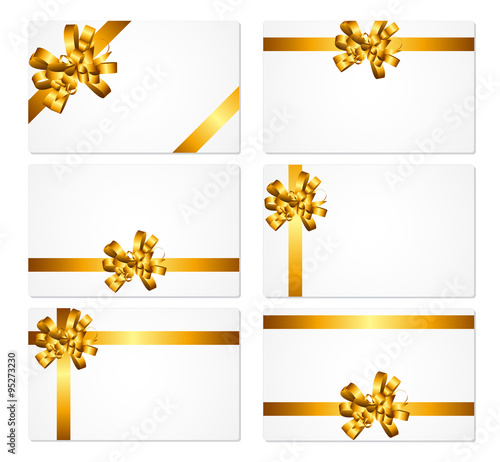 Gift Card with Gold Bow and Ribbon Set Vector Illustration
