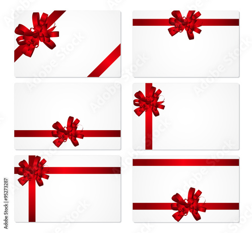 Gift Card with Red Bow and Ribbon Set Vector Illustration