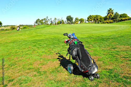 Golf bag on the golf course, Spain