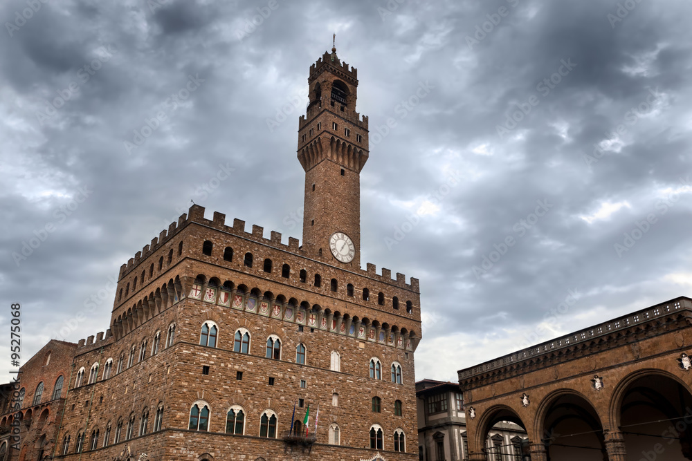 Palazzo Vecchio in Florence, Italy on a cloudy day