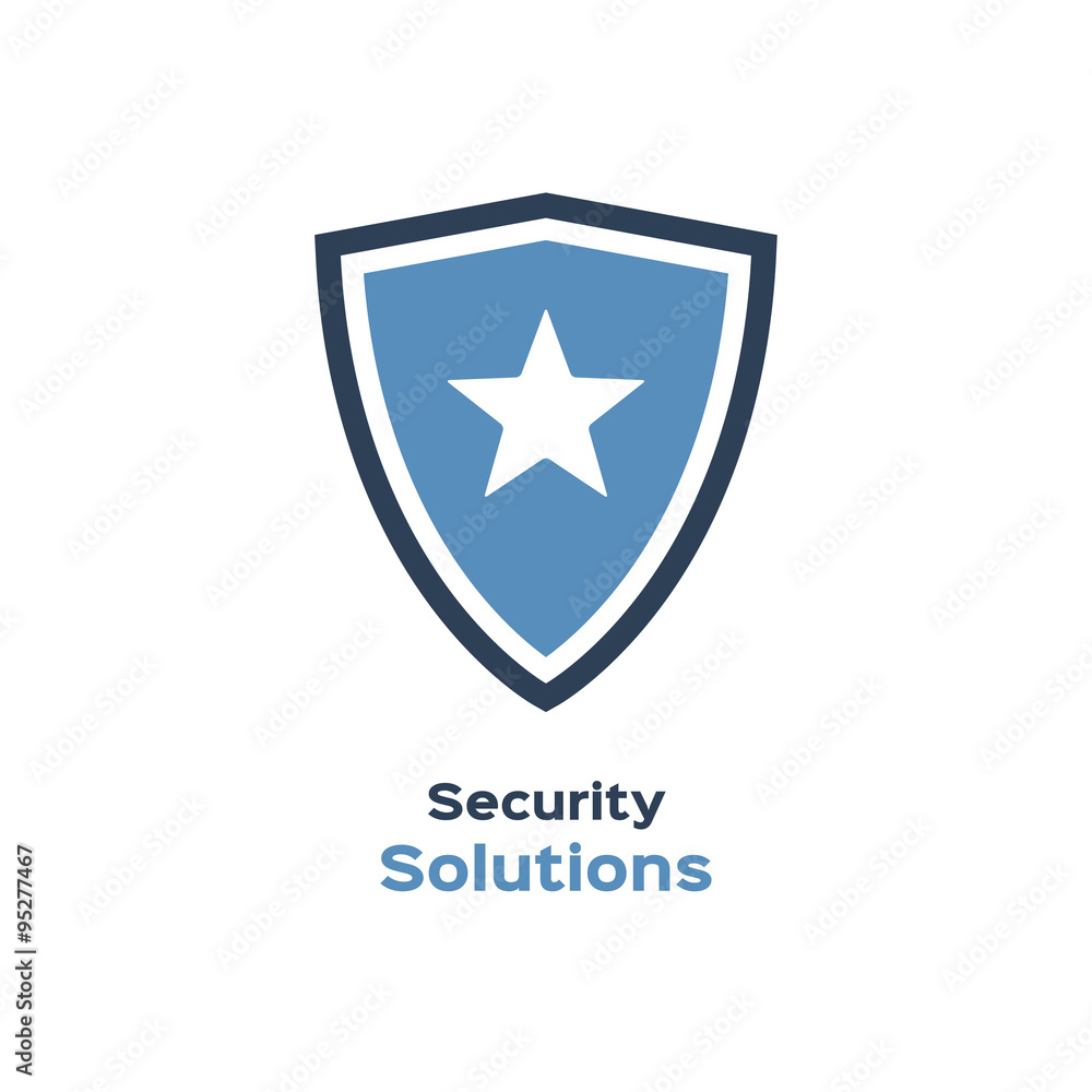 Security solutions logo, shield with star silhouette Security solutions logo, shield with star silhouette