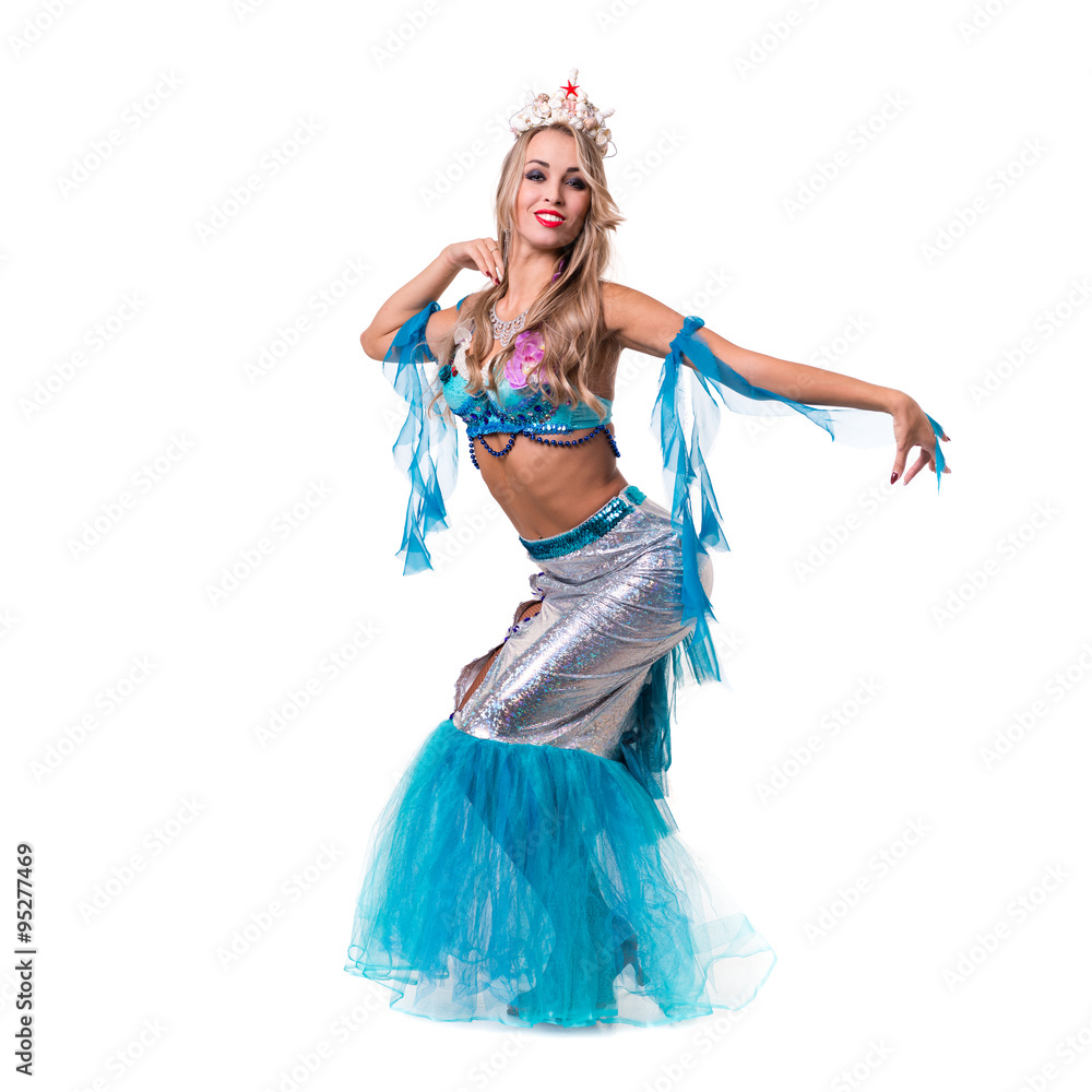 Carnival dancer woman dressed as a mermaid posing, isolated on white Carnival dancer woman dressed as a mermaid posing, isolated on white