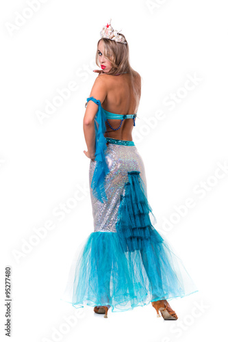 Carnival dancer woman dressed as a mermaid posing, isolated on white