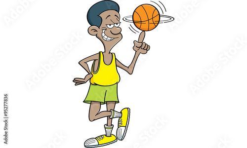 Cartoon illustration of a basketball player spinning a basketball.