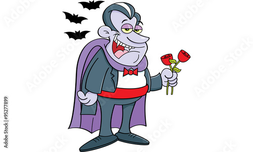 Cartoon illustration of a vampire holding roses.