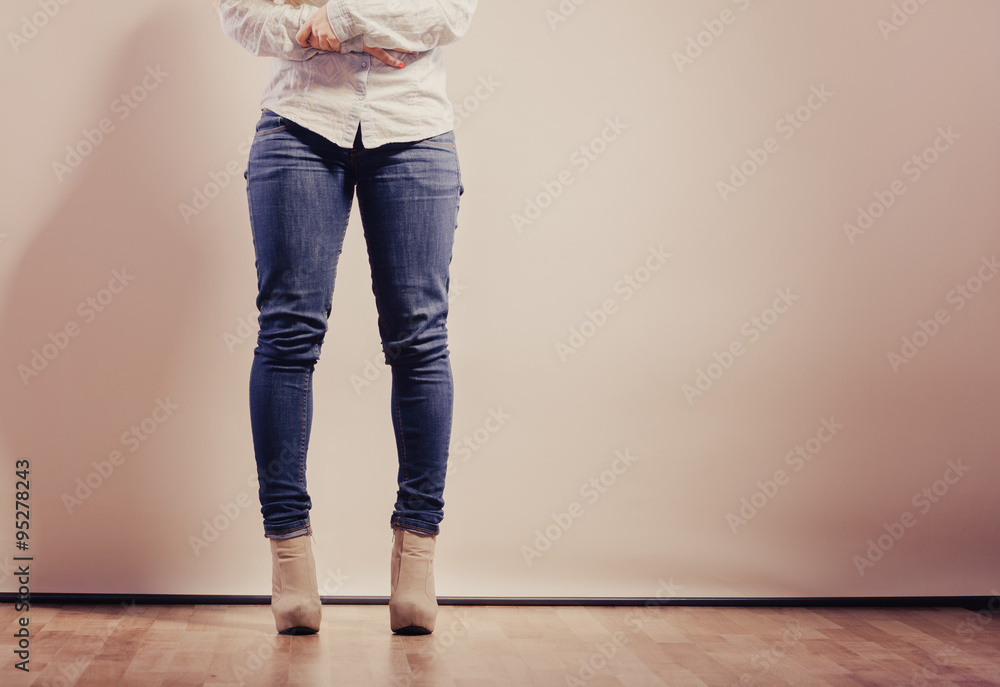 woman legs in denim trousers high heels shoes woman legs in denim trousers high heels shoes