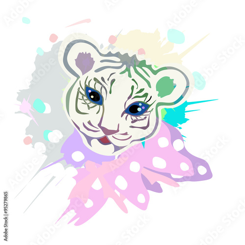 Fototapeta Naklejka Na Ścianę i Meble -  cute baby tiger portrait, illustration with splash watercolor textured background