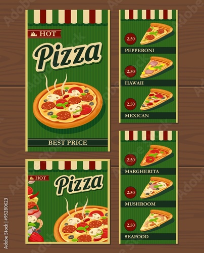 Whole pizza and slices of pizza and the ingredients. Pepperoni, Hawaiian, Margherita, Mexican, Seafood, Capricciosa. Isolated vector retro vintage illustration for poster, menus, logotype, brochure.