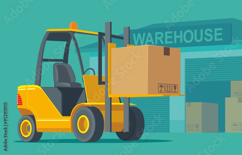 Forklift carries a box in storage. Flat banner production process in Warehouse. Vector illustration for business, info graphic, web, presentations, advertising.