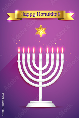 Hanukkah vector 3d candles, traditional religious holiday greeting card with golden ribbon