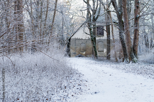 Old concrete house in snowy forest, winter background