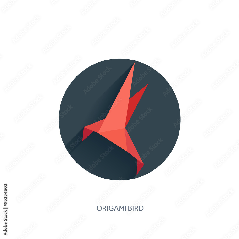 Origami flat paper bird on abstract round background with shadow Origami flat paper bird on abstract round background with shadow