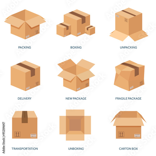 Vector illustration. Flat carton box. Transport, packaging, shipment. Post service and delivery