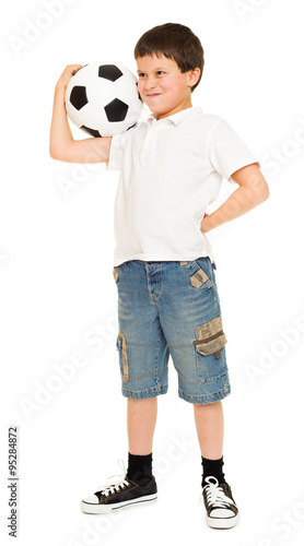 soccer boy with ball studio isolated white background photo