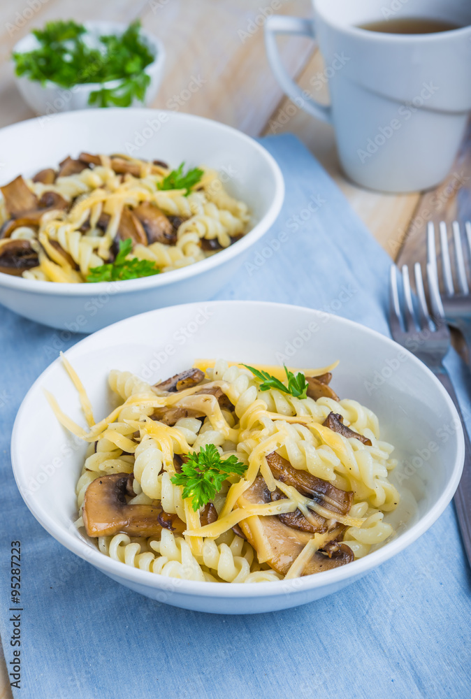 Pasta with mushrooms, cheese and fresh parsley