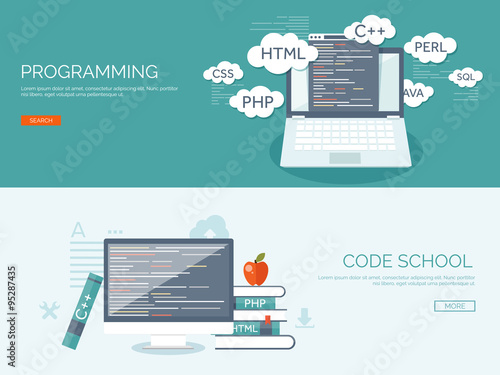 Vector illustration. Flat background. Coding, programming. SEO. Search engine optimization. App development and creation. Software, program code. Web design