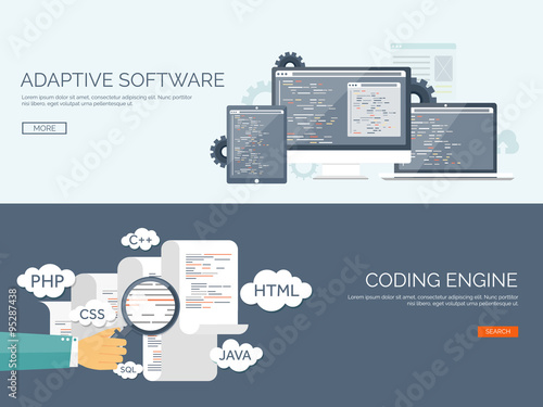 Vector illustration. Flat background. Coding, programming. SEO. Search engine optimization. App development and creation. Software, program code. Web design