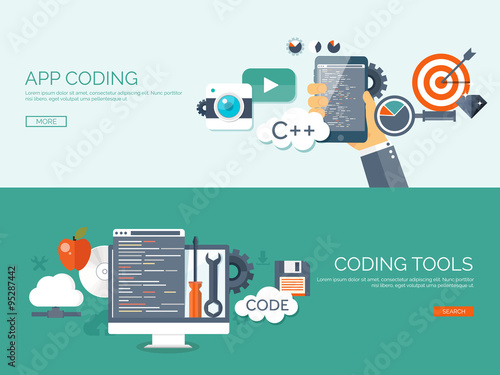 Vector illustration. Flat background. Coding, programming. SEO. Search engine optimization. App development and creation. Software, program code. Web design