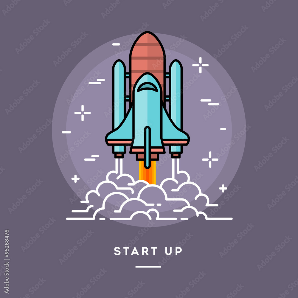 Rocket launching as a metaphor for start up business, line flat