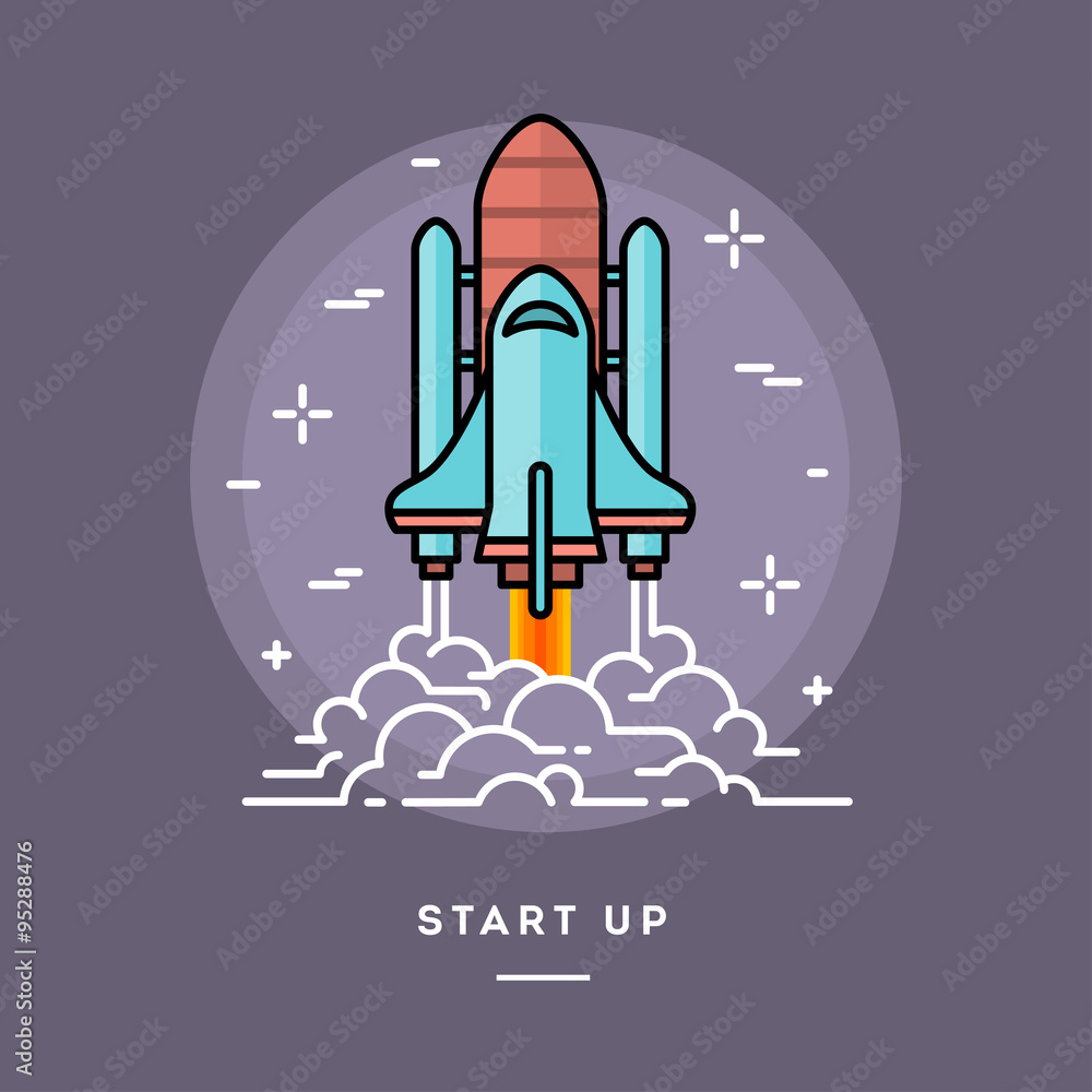 Rocket launching as a metaphor for start up business, line flat Rocket launching as a metaphor for start up business, line flat