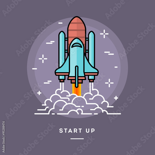 Rocket launching as a metaphor for start up business, line flat