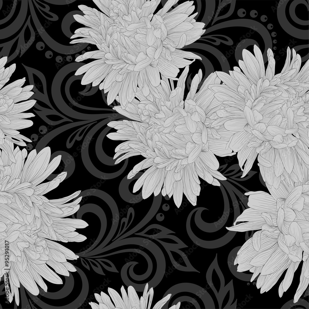 black and white seamless pattern with aster flowers and abstract floral swirls