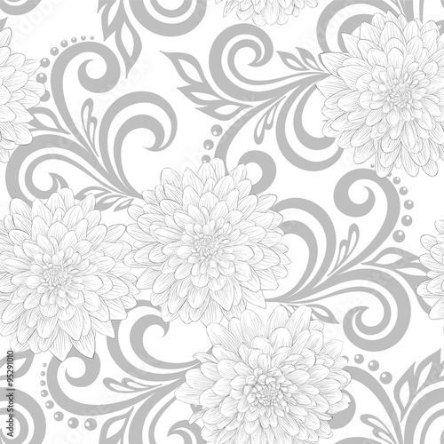black and white seamless pattern with dahlia flowers and abstract floral swirls