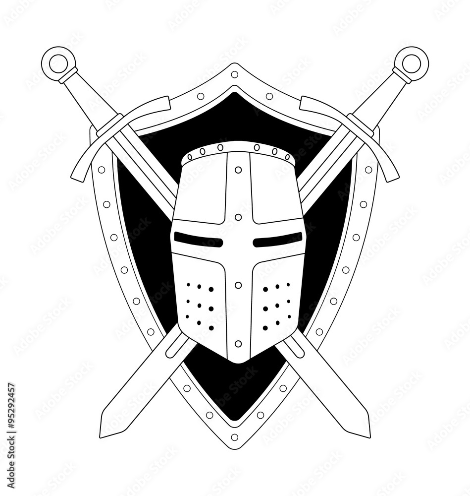 Two crossed swords shield and helmet emblem. Contour vector de Stock