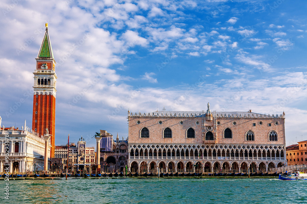 Morning in Venice. Pictured Doge's Palace, the Cathedral of St. Mark, Bridge of Sighs.