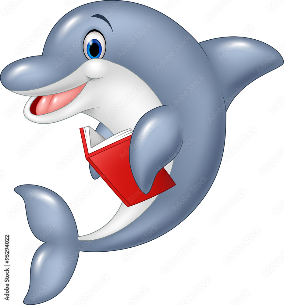 Fototapeta premium Cartoon dolphin holding book isolated on white background 