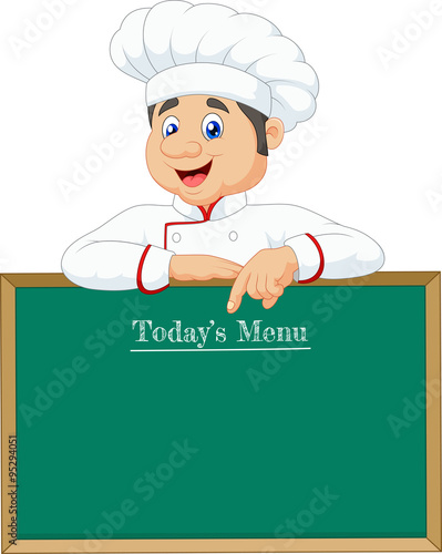 Cartoon chef cloche pointing at menu board
