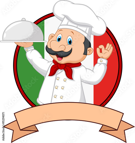 Cartoon funny Italian Chef cartoon holding platter with ok sign
