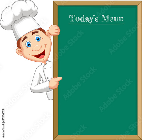 Cartoon chef cloche pointing at menu board
